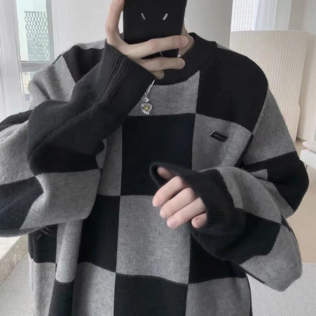 棋盤格半高領百搭慵懶風針織衫長袖
