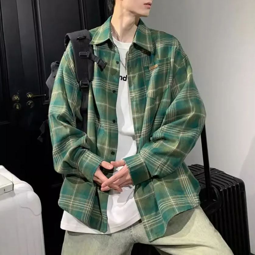 美式復古撞色格子潮牌百搭長袖襯衫