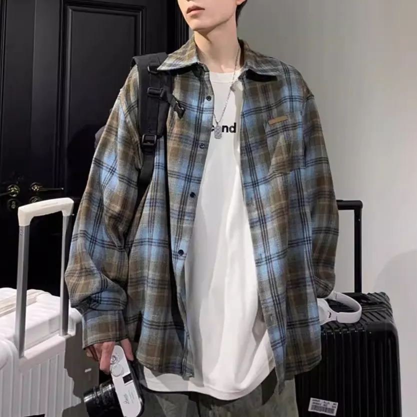 美式復古撞色格子潮牌百搭長袖襯衫