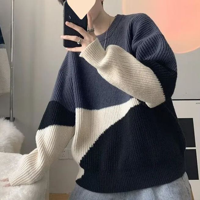 潮流韓版ins圓領撞色長袖針織衫