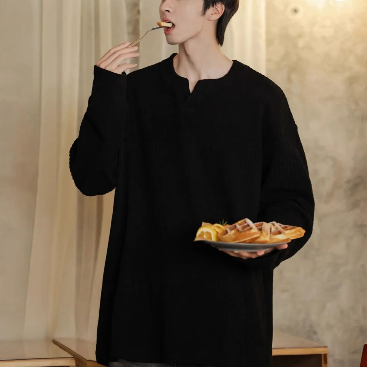 小V領美式寬鬆慵懶風內搭打底長袖T恤