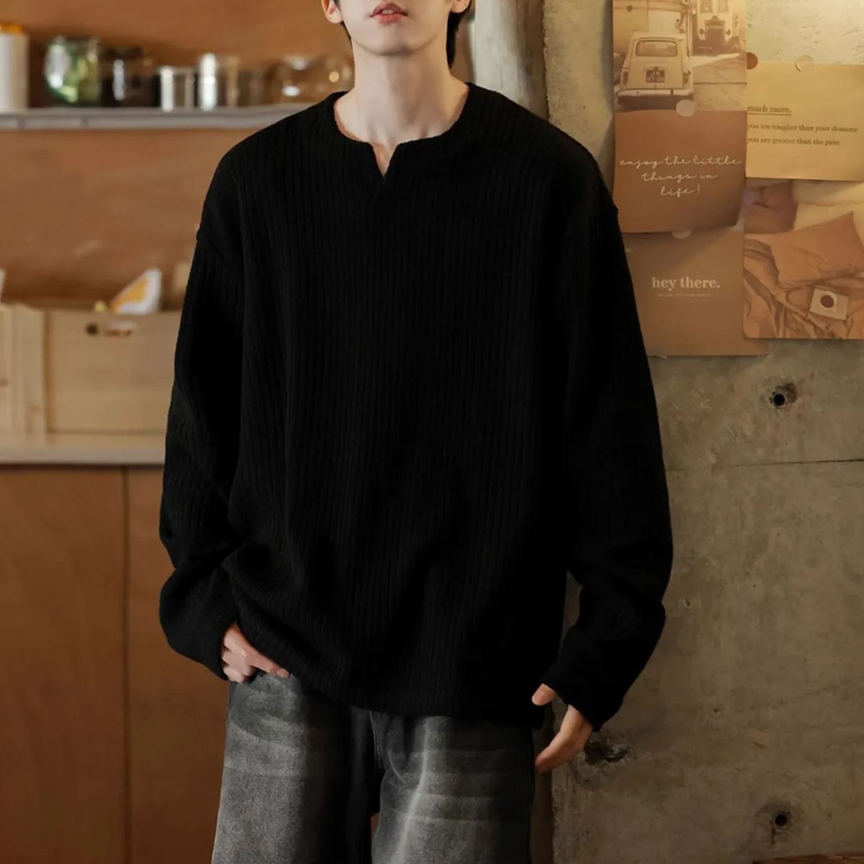 小V領美式寬鬆慵懶風內搭打底長袖T恤