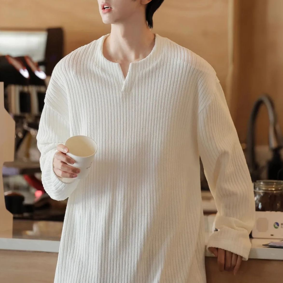 小V領美式寬鬆慵懶風內搭打底長袖T恤