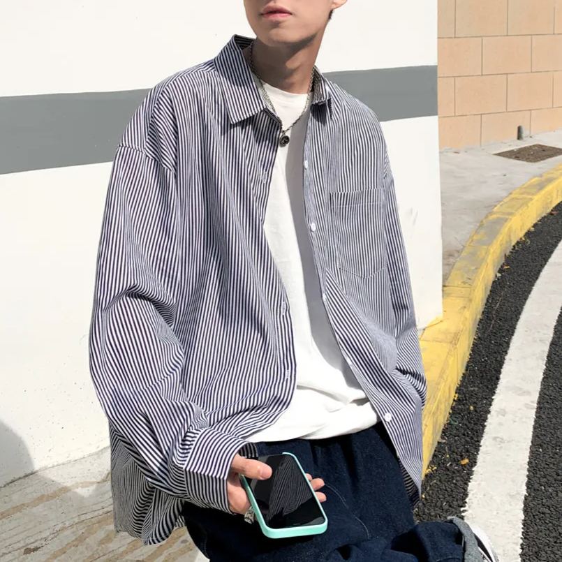 條紋日系痞帥小眾潮長袖襯衫