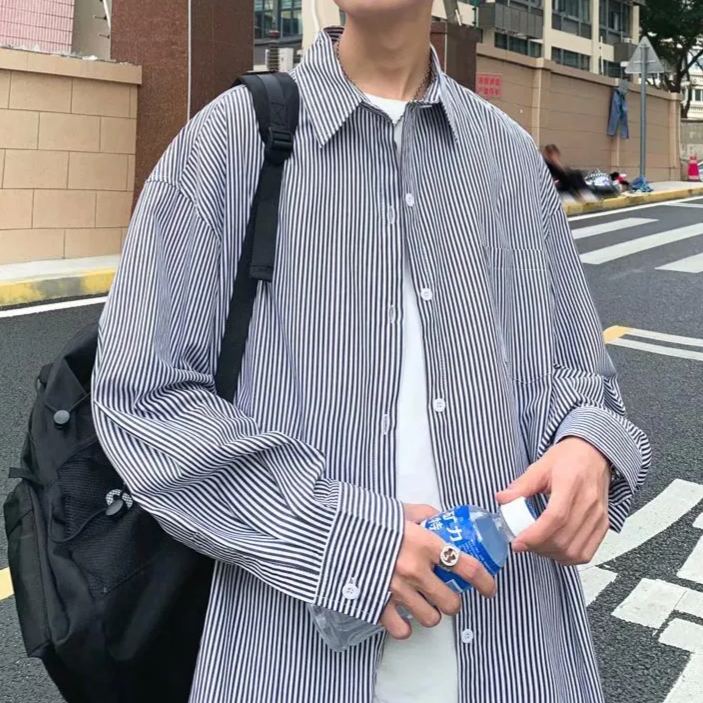 條紋日系痞帥小眾潮長袖襯衫