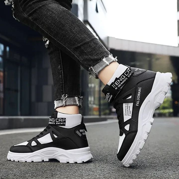 潮流百搭圓頭高幫馬丁靴印花拼接鞋靴