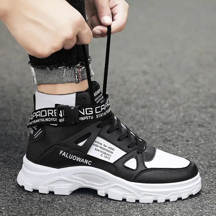 潮流百搭圓頭高幫馬丁靴印花拼接鞋靴