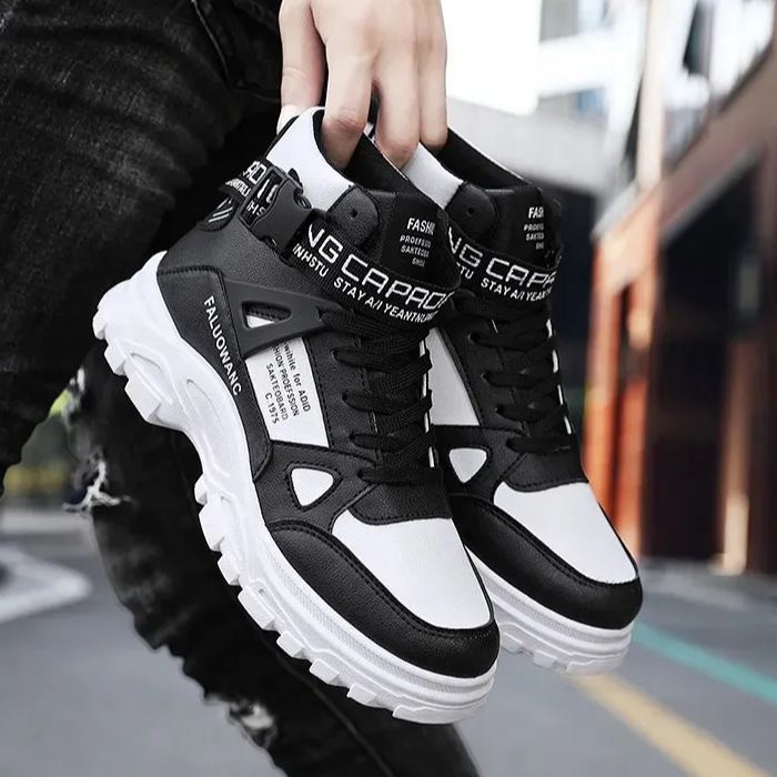 潮流百搭圓頭高幫馬丁靴印花拼接鞋靴