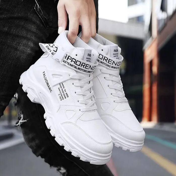 潮流百搭圓頭高幫馬丁靴印花拼接鞋靴