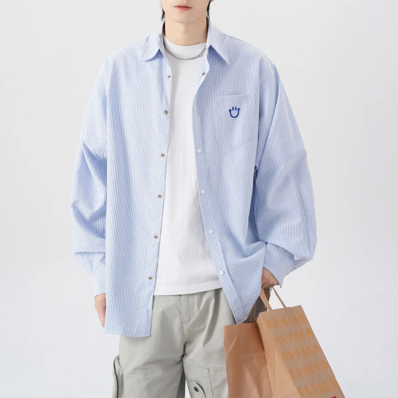 新款春秋情侶款刺繡笑臉條紋襯衫長袖外套寬鬆學院風休閒百搭襯衣