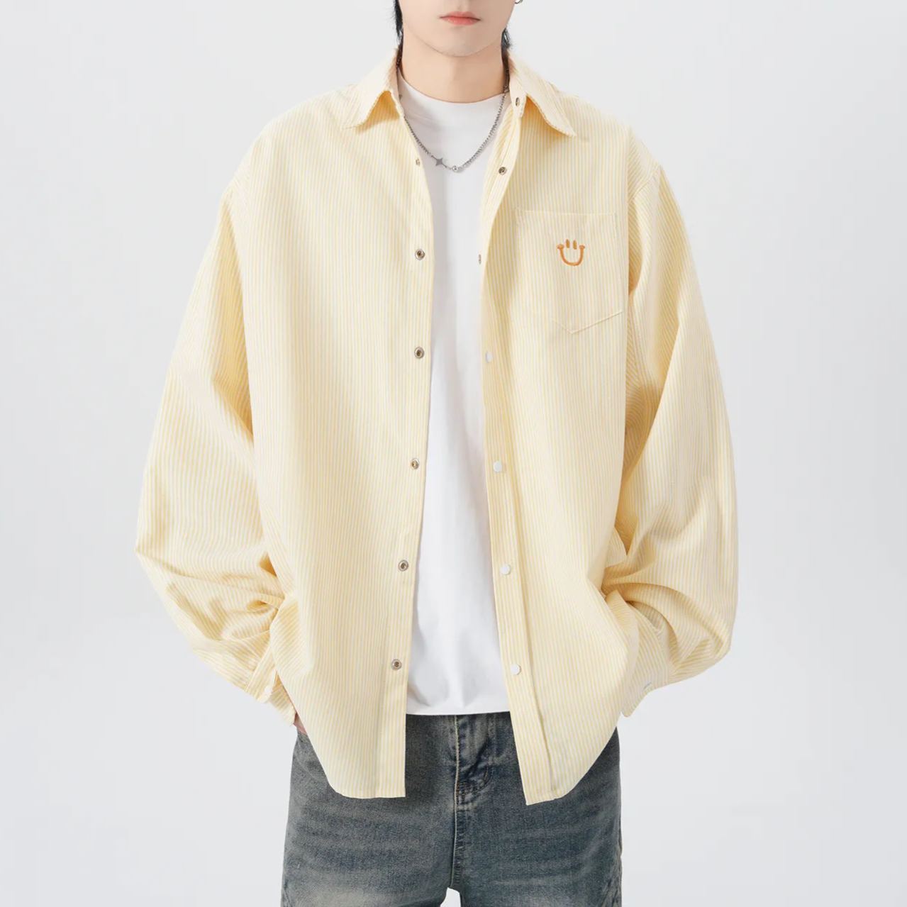 新款春秋情侶款刺繡笑臉條紋襯衫長袖外套寬鬆學院風休閒百搭襯衣