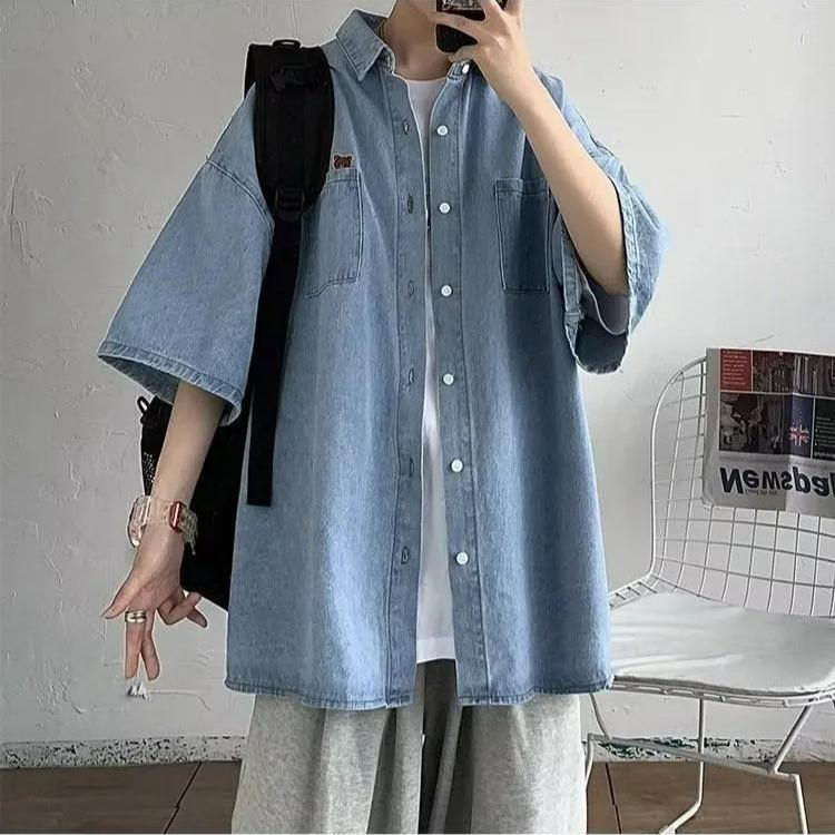 夏季短袖牛仔襯衫男ins潮牌港風日系小眾設計感休閒寬鬆半袖外套