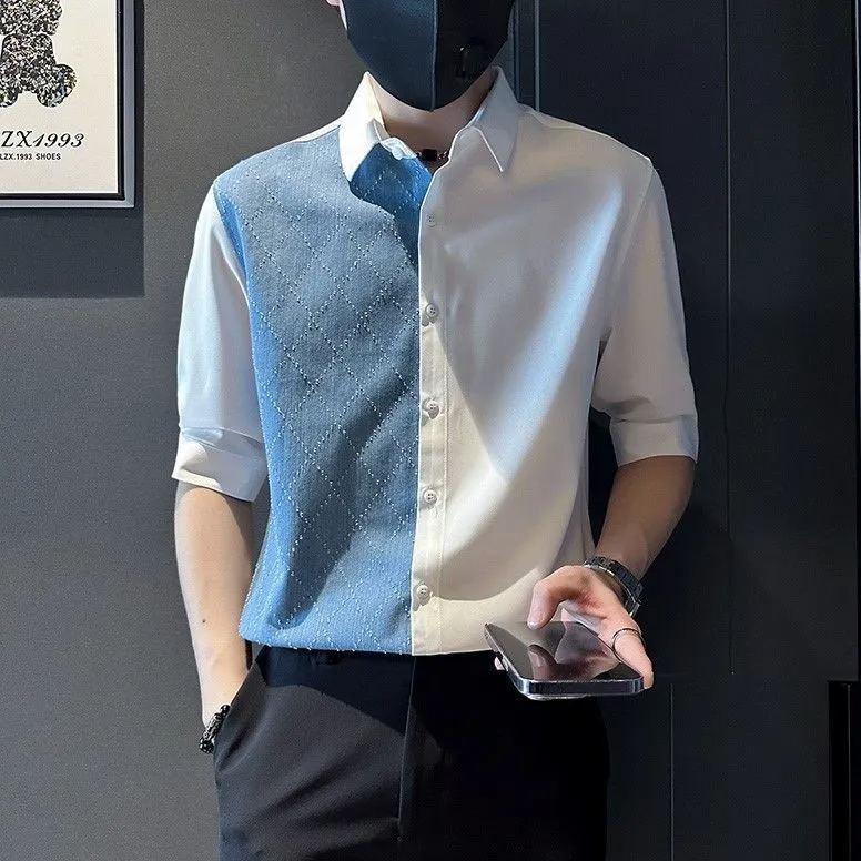 痞帥男士半袖爆款襯衫潮流時尚穿搭男裝短袖夏季牛仔拼接上衣男款