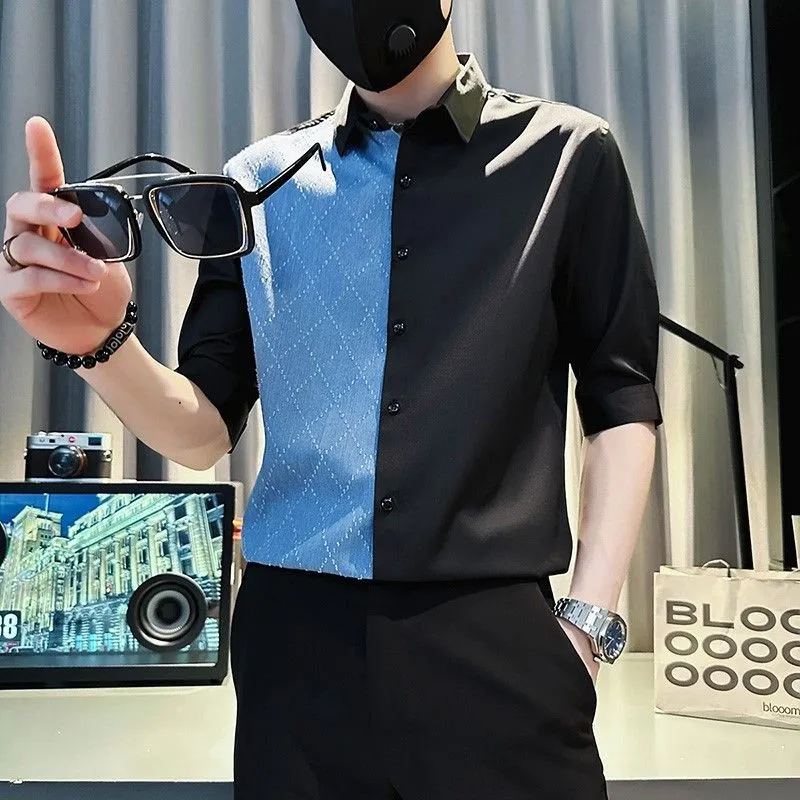 痞帥男士半袖爆款襯衫潮流時尚穿搭男裝短袖夏季牛仔拼接上衣男款