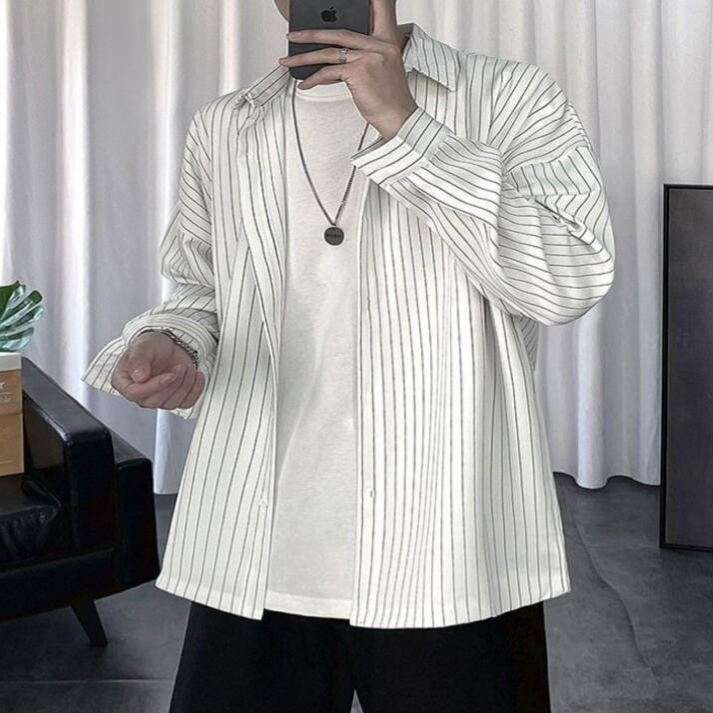 【單件/套裝】帥氣百搭條紋長袖襯衫+T恤+寬松休閑九分褲三件套裝