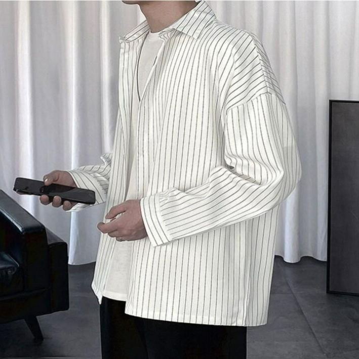 【單件/套裝】帥氣百搭條紋長袖襯衫+T恤+寬松休閑九分褲三件套裝