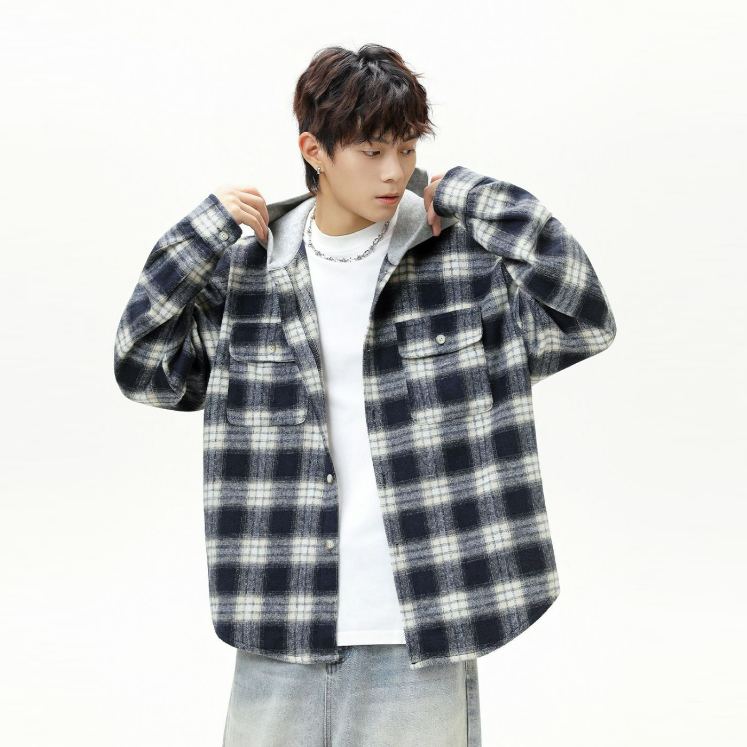 寬鬆復古磨毛格子撞色拼接連帽長袖襯衫外套