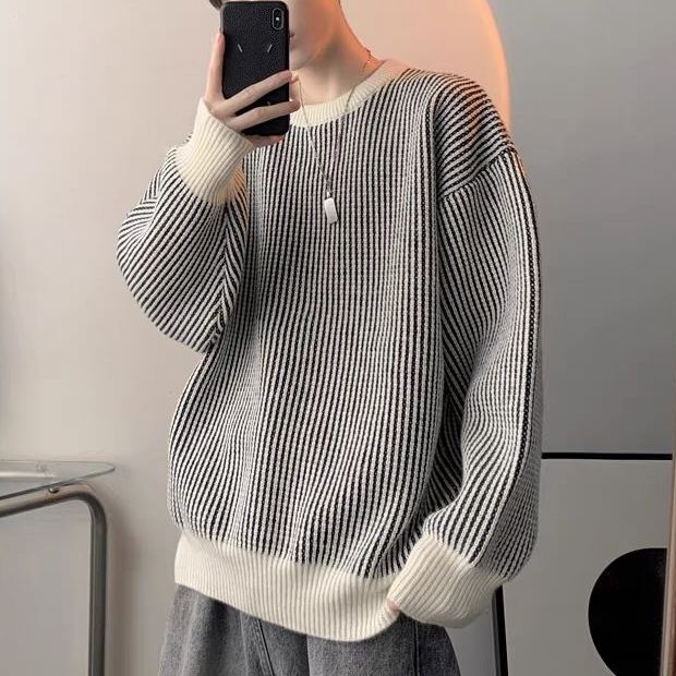 黑白條紋百搭軟糯內搭慵懶高級寬鬆情侶針織毛衣