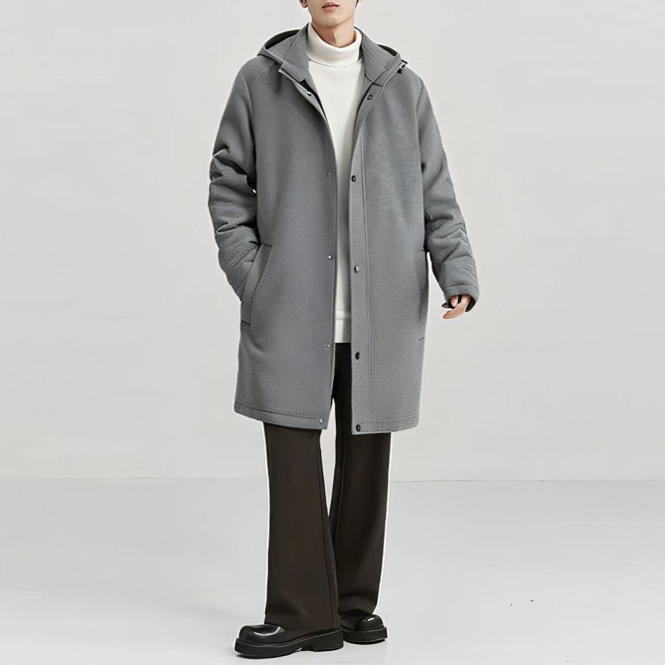 素色可脫卸帽中長版休閒舒適大衣外套