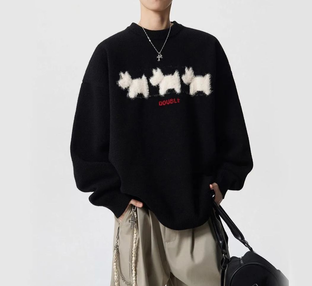 美式重磅高街休閒圓領卡通印花針織毛衣