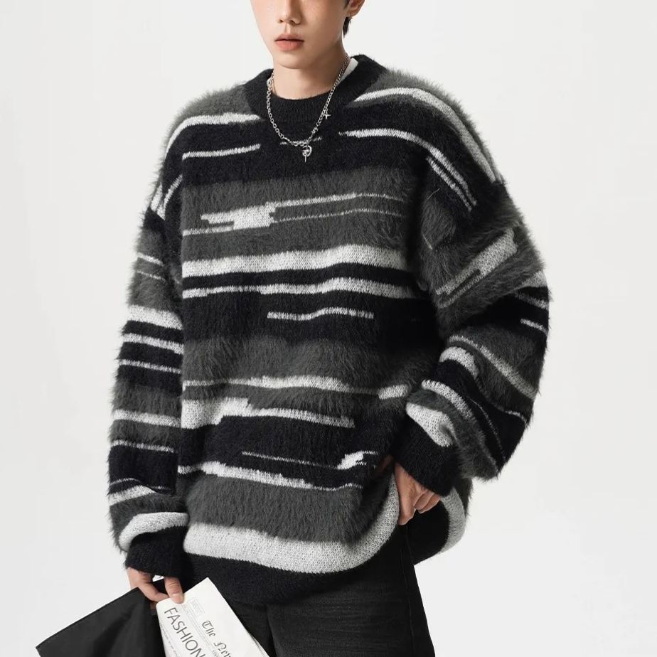 休閒撞色條紋針織衫馬海毛圓領寬鬆情侶毛衣