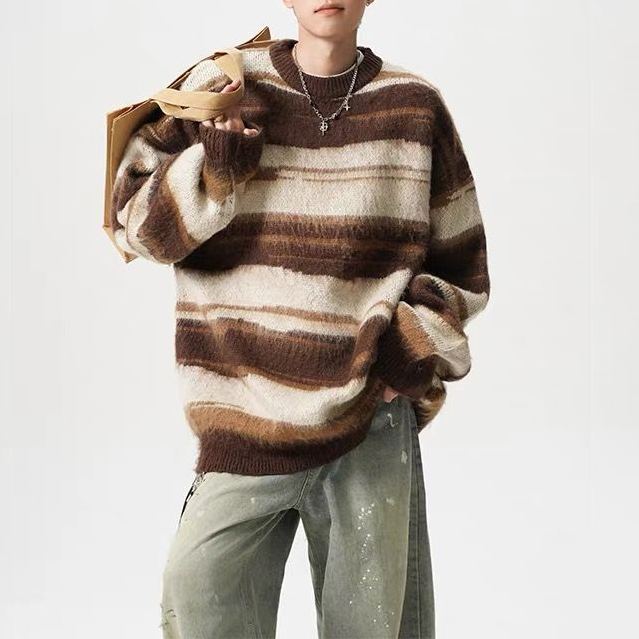休閒撞色條紋針織衫馬海毛圓領寬鬆情侶毛衣