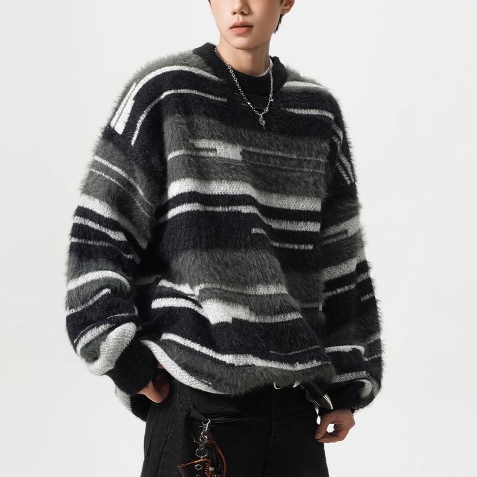 休閒撞色條紋針織衫馬海毛圓領寬鬆情侶毛衣