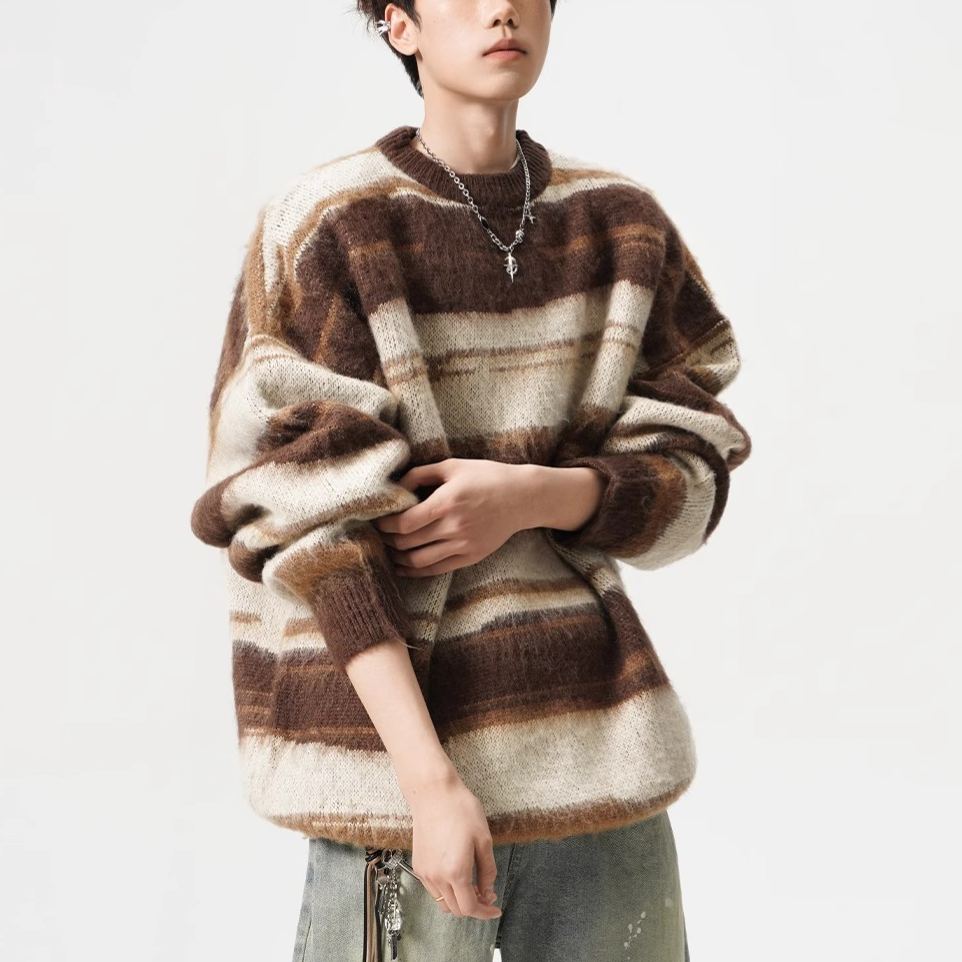 休閒撞色條紋針織衫馬海毛圓領寬鬆情侶毛衣