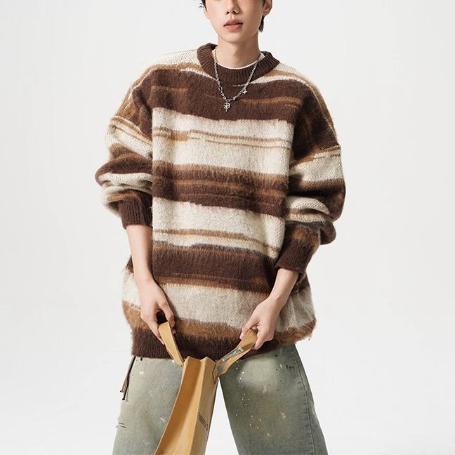 休閒撞色條紋針織衫馬海毛圓領寬鬆情侶毛衣
