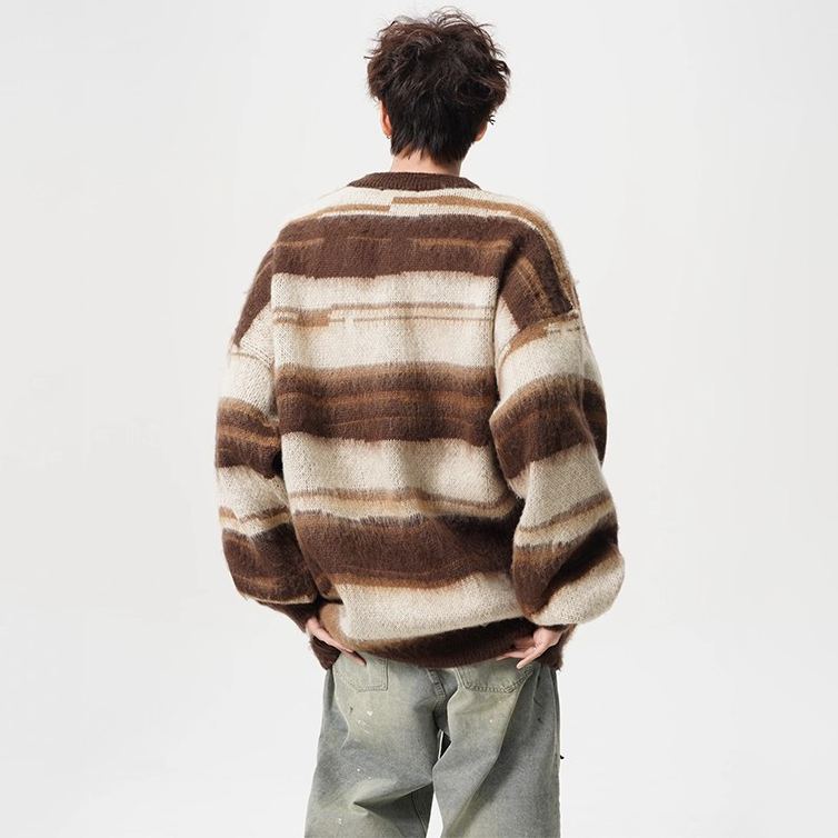 休閒撞色條紋針織衫馬海毛圓領寬鬆情侶毛衣