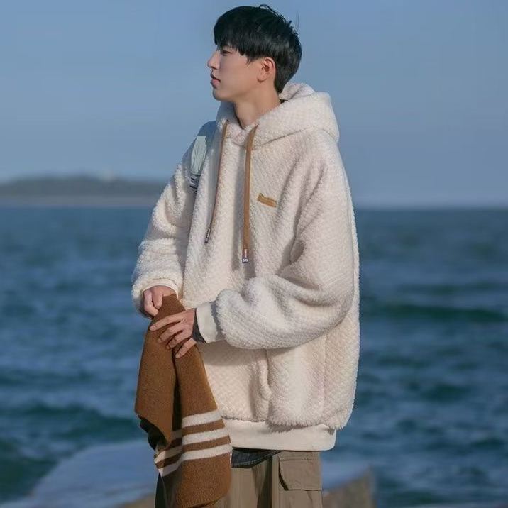 潮牌港風重磅寬鬆刷毛加厚保暖羊羔毛連帽衫