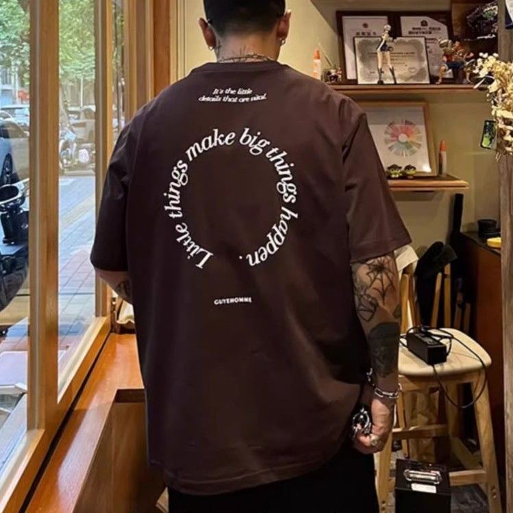 大碼美式百搭純棉印花寬鬆時尚圓領短袖t恤