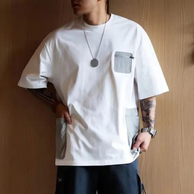 美式休閒寬鬆復古機能設計感拉鍊口袋短袖T恤