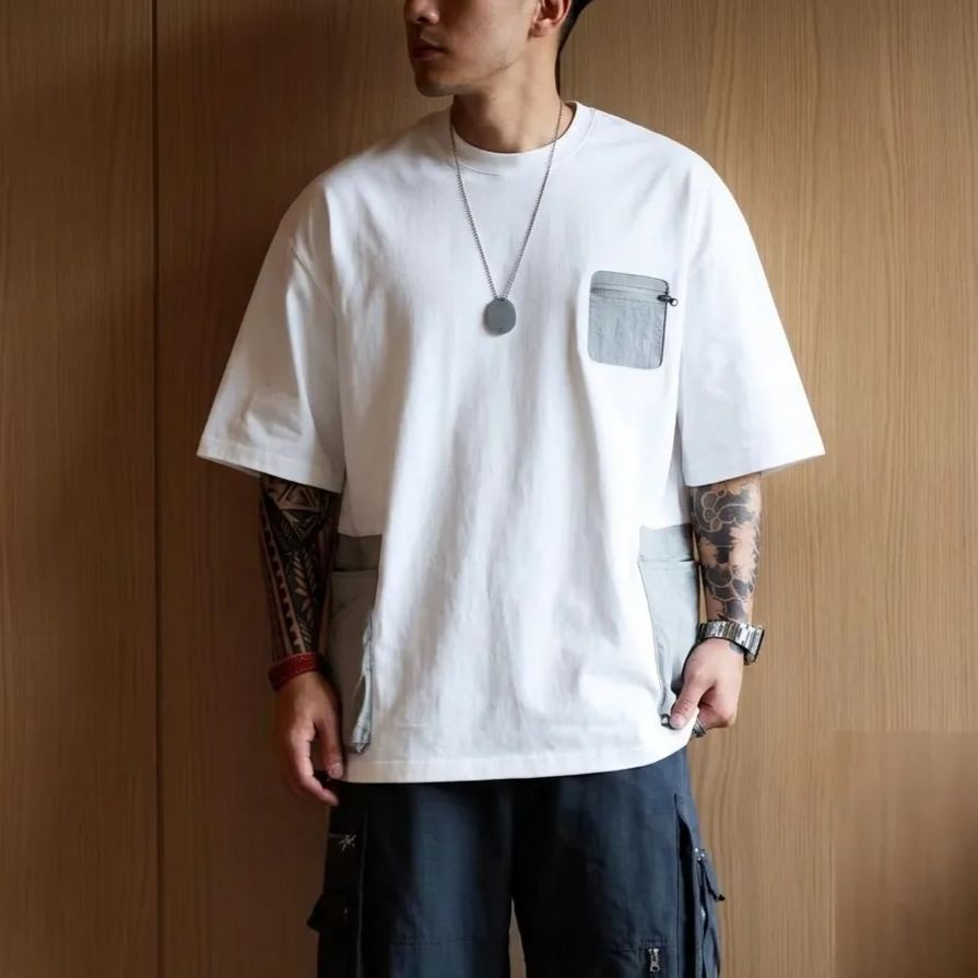 美式休閒寬鬆復古機能設計感拉鍊口袋短袖T恤