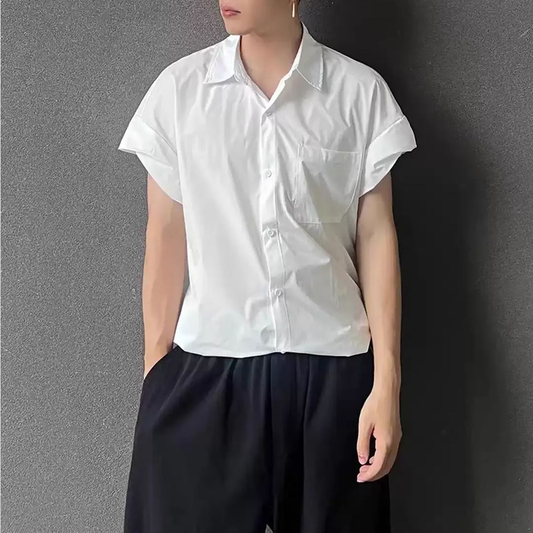 美式慵懶風痞帥高級感抽繩工裝冰絲短袖襯衫