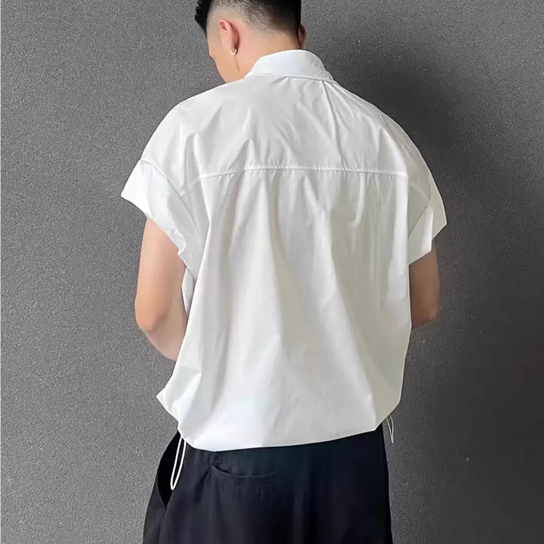 美式慵懶風痞帥高級感抽繩工裝冰絲短袖襯衫