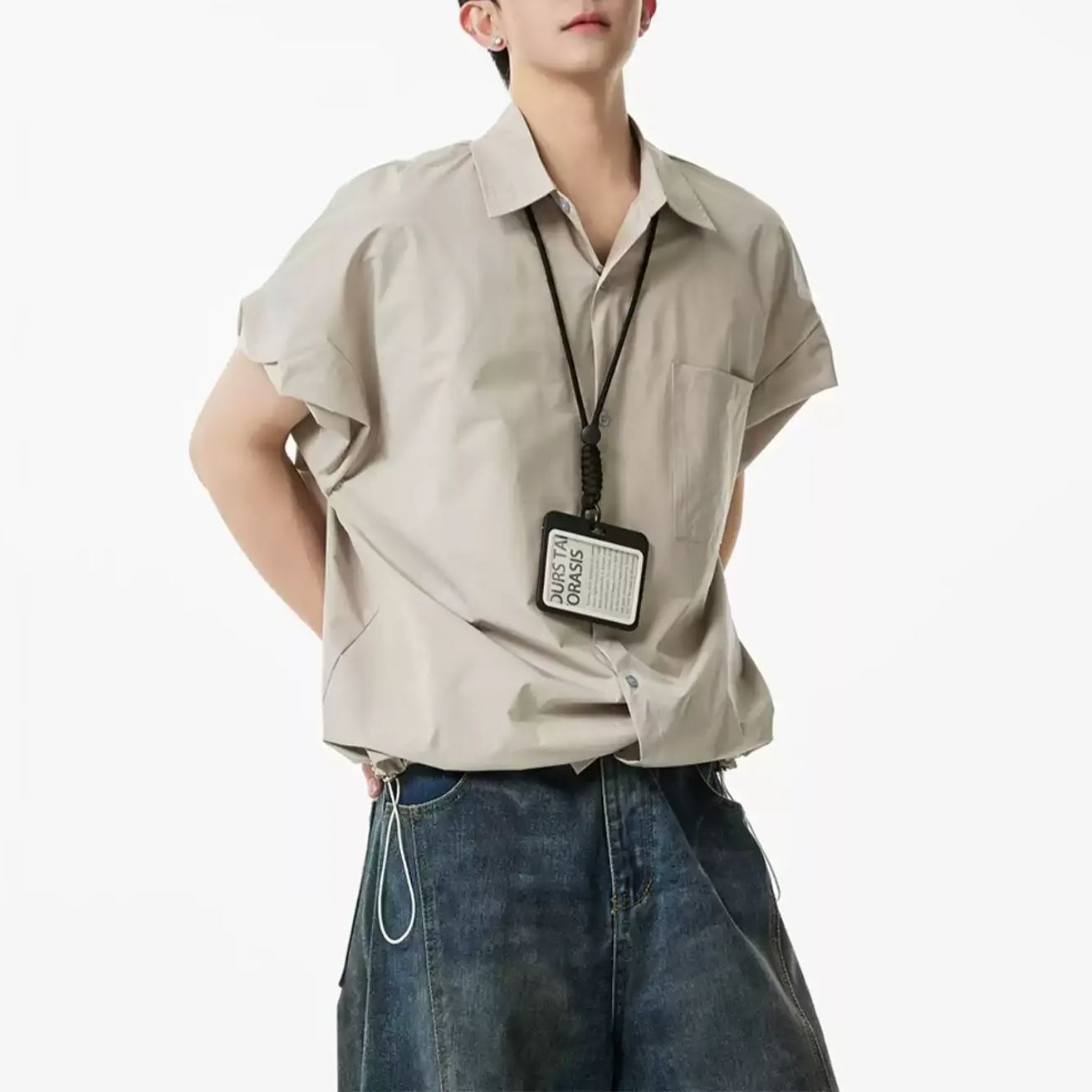 美式慵懶風痞帥高級感抽繩工裝冰絲短袖襯衫