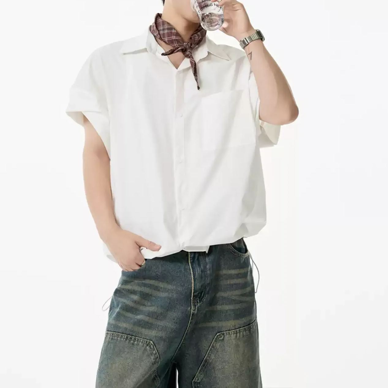 美式慵懶風痞帥高級感抽繩工裝冰絲短袖襯衫