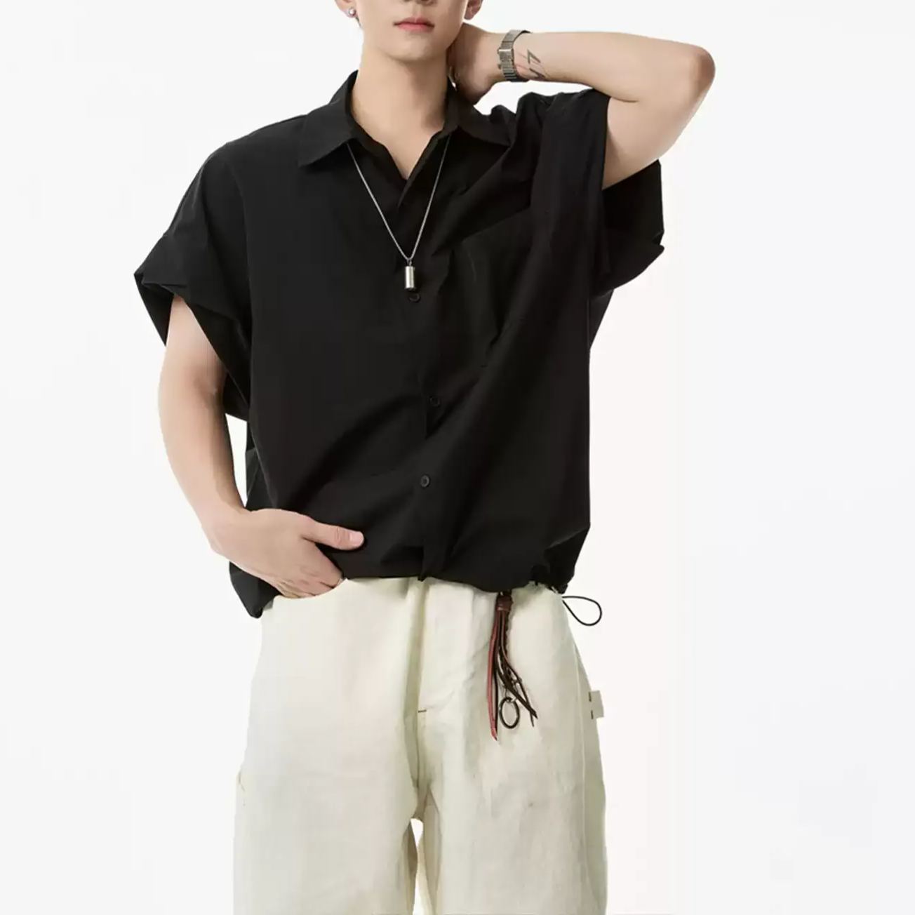 美式慵懶風痞帥高級感抽繩工裝冰絲短袖襯衫
