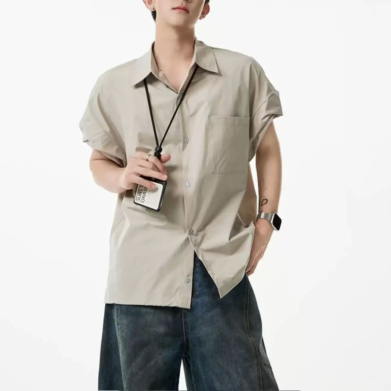 美式慵懶風痞帥高級感抽繩工裝冰絲短袖襯衫