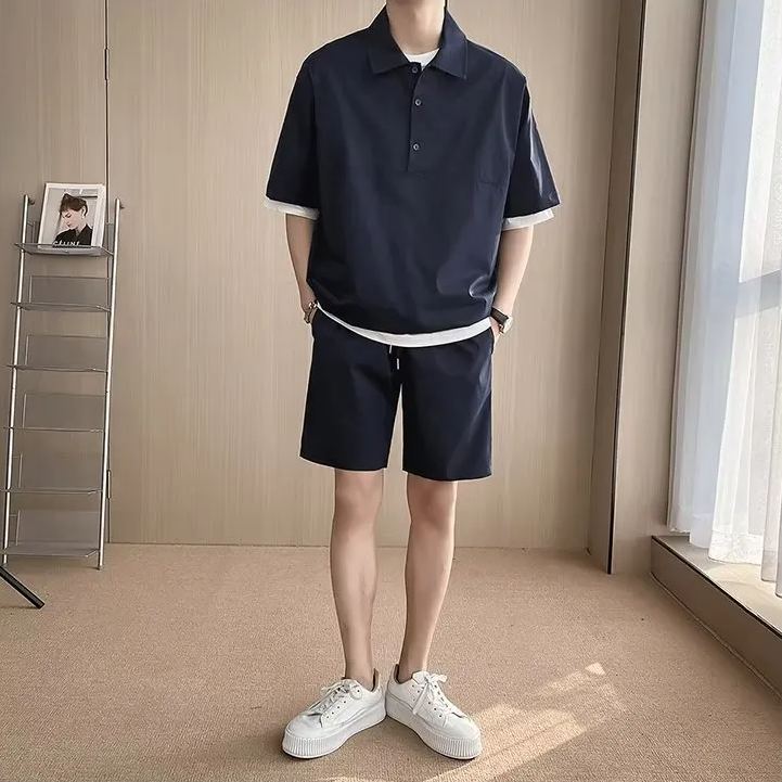 【套裝】日系休閒百搭寬鬆POLO純色短袖+短褲兩件套裝
