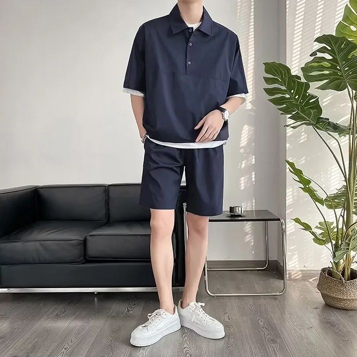 【套裝】日系休閒百搭寬鬆POLO純色短袖+短褲兩件套裝