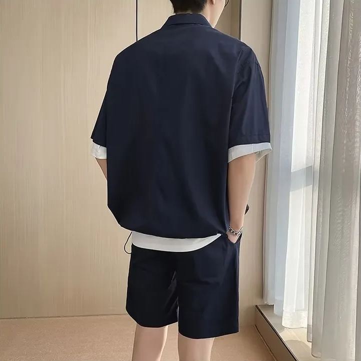 【套裝】日系休閒百搭寬鬆POLO純色短袖+短褲兩件套裝