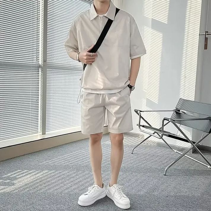 【套裝】日系休閒百搭寬鬆POLO純色短袖+短褲兩件套裝
