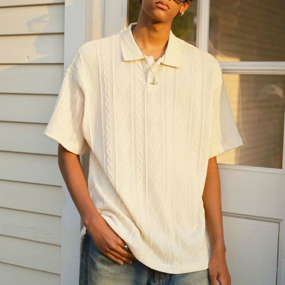復古肌理感透氣寬鬆翻領POLO衫短袖