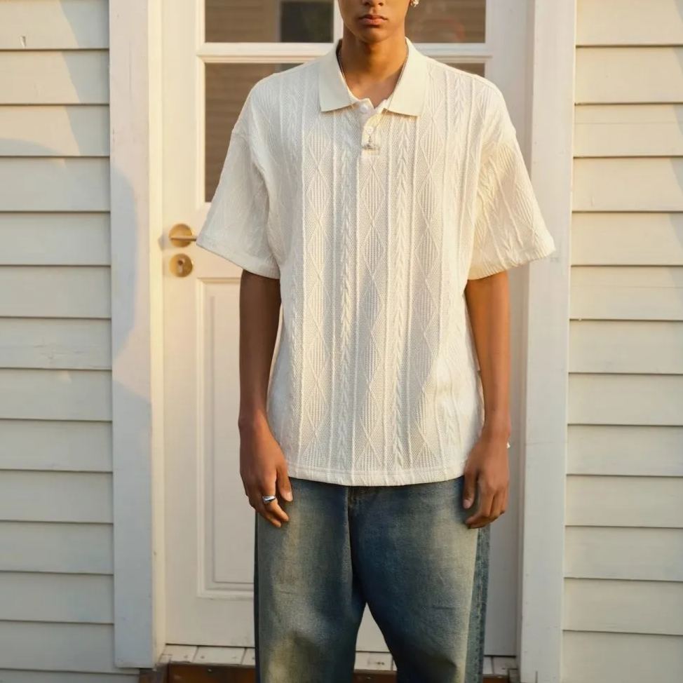 復古肌理感透氣寬鬆翻領POLO衫短袖