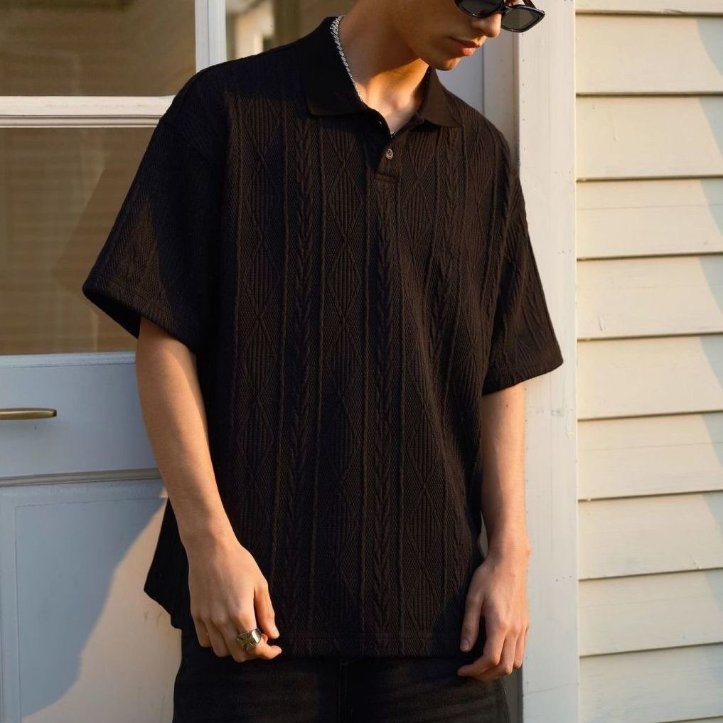 復古肌理感透氣寬鬆翻領POLO衫短袖