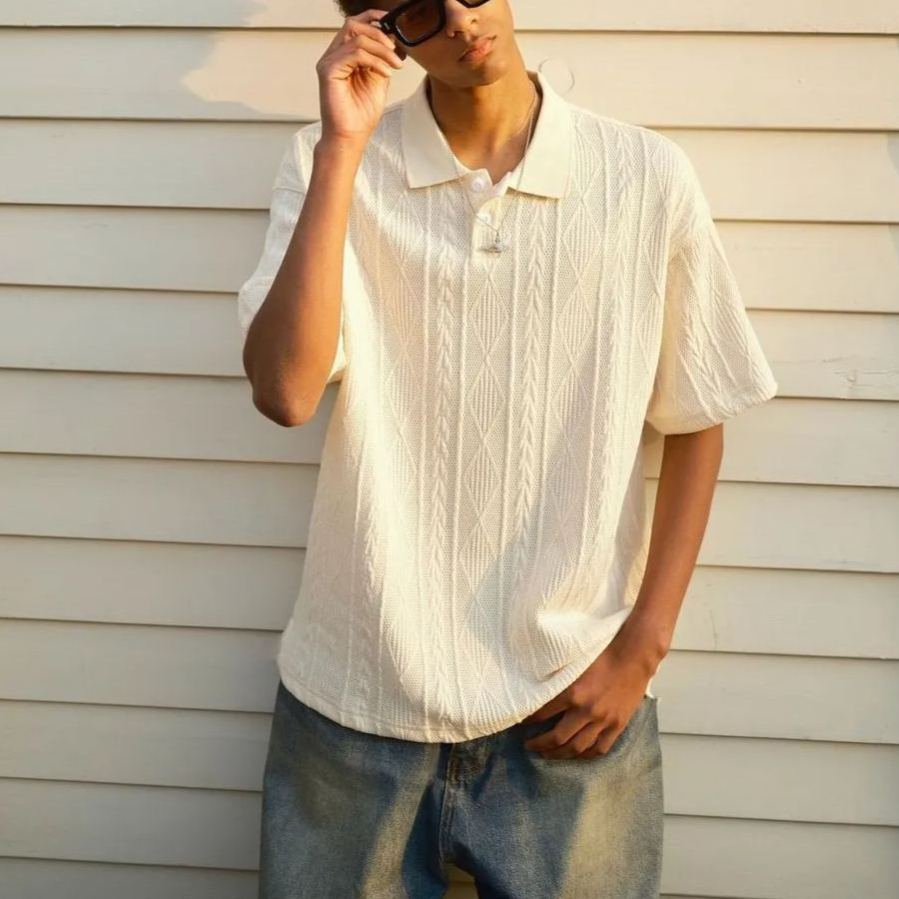復古肌理感透氣寬鬆翻領POLO衫短袖