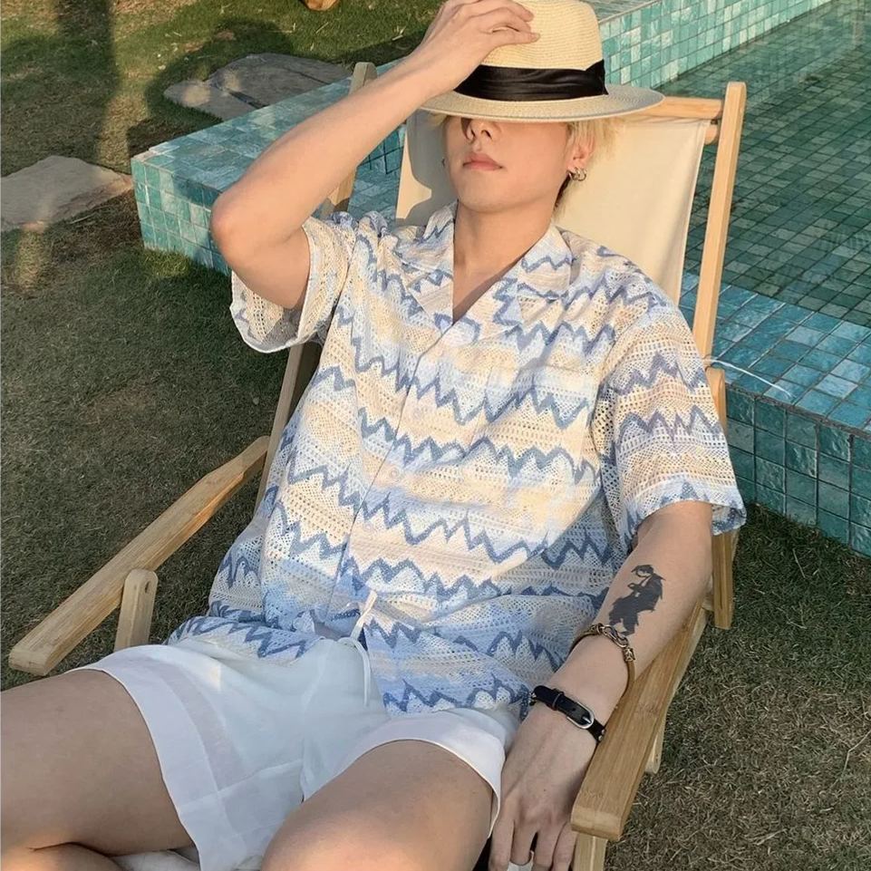 【單件/套裝】春夏美式復古夏威夷鏤空短袖襯衫+純色T恤+休閒短褲三件套