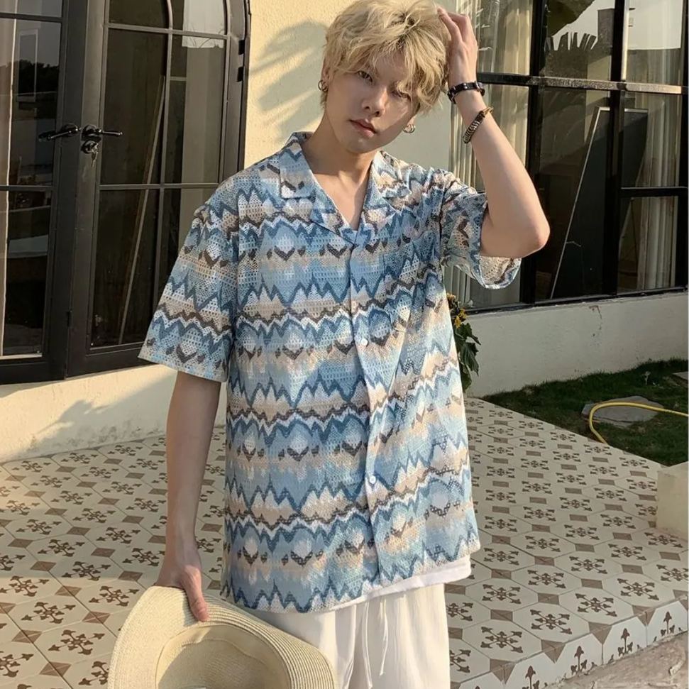 【單件/套裝】春夏美式復古夏威夷鏤空短袖襯衫+純色T恤+休閒短褲三件套